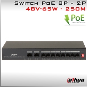 Switch 8P + 2P DAHUA Fast Ethernet 8xPoE + 2xUpLink 65W | Plug & Play