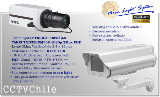 KIT Camara IP Moonlight Bullet BoxCam XPROHD Lente varifocal de 2.8mm a 12mm - Sensor SONY Full Hd 1080p - Moonlight System - Camara placa patentes - Deteccion de patentes - LPR - IP66 - Housing